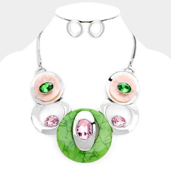 Silver and Pink and Green Metal and Glass Stone Fashion Statement Necklace with Earrings ( 3323 ) - Ohmyjewelry.com