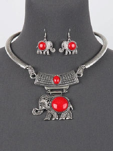 Burnish Silver and Red Elephant Stone Necklace Set ( 3396 ) - Ohmyjewelry.com