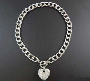 SILVER RHINESTONE HEART CHARM TOGGLE NECKLACE ( 1442 RDCLR ) - Ohmyjewelry.com