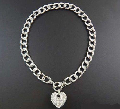 SILVER RHINESTONE HEART CHARM TOGGLE NECKLACE ( 1442 RDCLR ) - Ohmyjewelry.com
