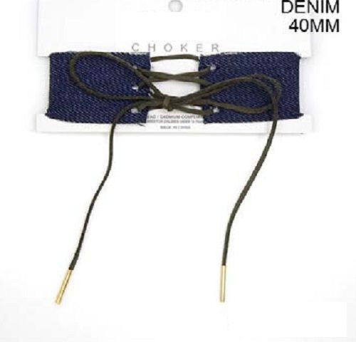 Dark Blue Jean Denim Choker with Olive Green Suede Lace Up