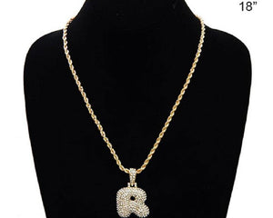 GOLD NECKLACE WITH PUFFY "R" LETTER WITH CLEAR RHINESTONES ( 3466 GCL ) - Ohmyjewelry.com