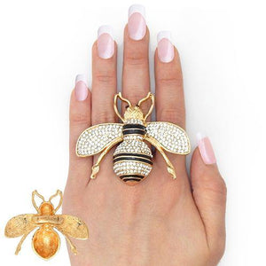 Large 2" Gold Black Enamel CLEAR Rhinestone Bee Stretch Ring ( 2239 ) - Ohmyjewelry.com