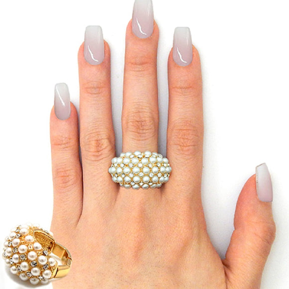 GOLD STRETCH RING WITH CREAM PEARLS CLEAR STONES ( 2964 )