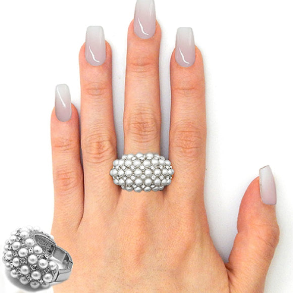 SILVER STRETCH RING WITH WHITE PEARLS CLEAR STONES ( 2964 )