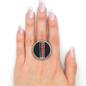 SILVER BLACK STRETCH RING RED GREEN STONES ( 3014 RDBKGMT )