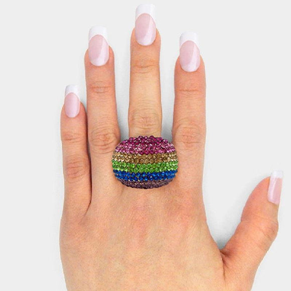 Multi Color Rainbow Crystal Dome Shape Stretch Ring ( 2116 GDRMT ) - Ohmyjewelry.com