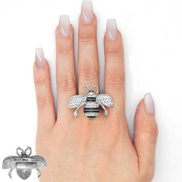 Silver Black Enamel and Clear Rhinestone Bee Stretch Ring ( 2238 ) - Ohmyjewelry.com
