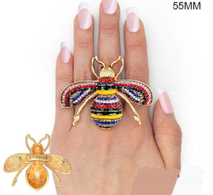 Large 2" Gold Black Enamel and Multi Color Rhinestone Bee Stretch Ring ( 2239 ) - Ohmyjewelry.com