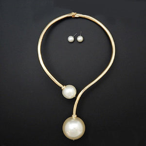 Gold S Choker with 2 Large Cream Pearls Fashion Necklace Set ( 2019 GDCRM ) - Ohmyjewelry.com