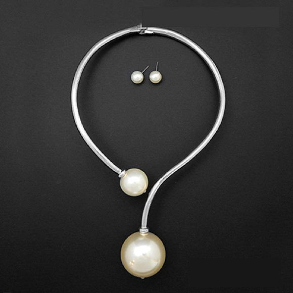 Silver S Choker with 2 Large White Pearls Fashion Necklace Set ( 2019 ) - Ohmyjewelry.com