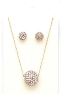 Clear Color Pave Ball and Earrings Necklace Set with Gold Accents ( 2554 ) - Ohmyjewelry.com