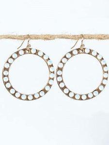 1.25" Burnish Gold Dangle Open Cut Round Earrings with Opal Stones ( 2163 ) - Ohmyjewelry.com