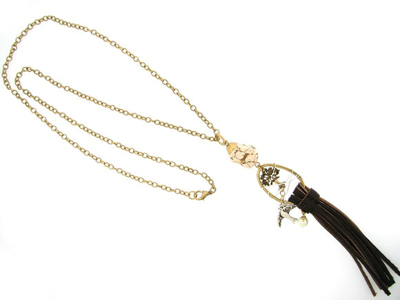 GOLD NECKLACE BROWN TASSEL WHITE STONE ( 427 1 )