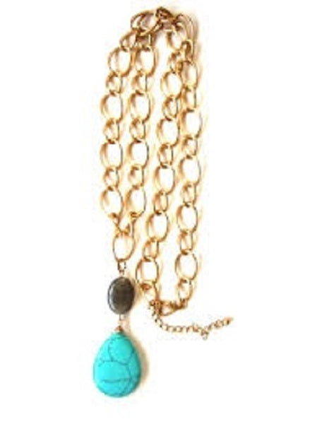 Gold Link Necklace with Turquoise Teardrop and Gray Oval Semi Precious Stone