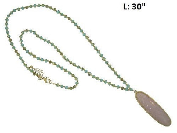 Long Turquoise Crystal Beaded Necklace with Pink Oval Stone Pendant ( 336 )