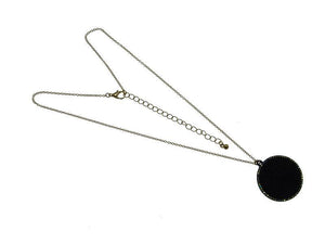 1.25" Round Gold Trimmed Pendant with Black Leather and AB Rhinestones Necklace ( 3822 ) - Ohmyjewelry.com