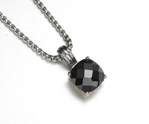 Black Cushion Cut Four Prong Pendant Rhodium Plated Necklace ( 3032 BK )