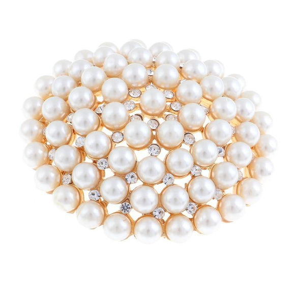 GOLD BROOCH WITH CLEAR RHINESTONES AND CREAM PEARLS ( 06691 ) - Ohmyjewelry.com
