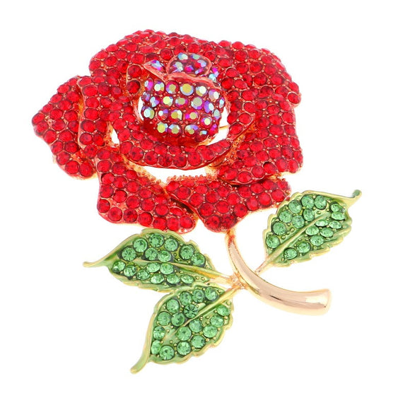GOLD ROSE BROOCH WITH RED AND GREEN RHINESTONES ( 1349 )