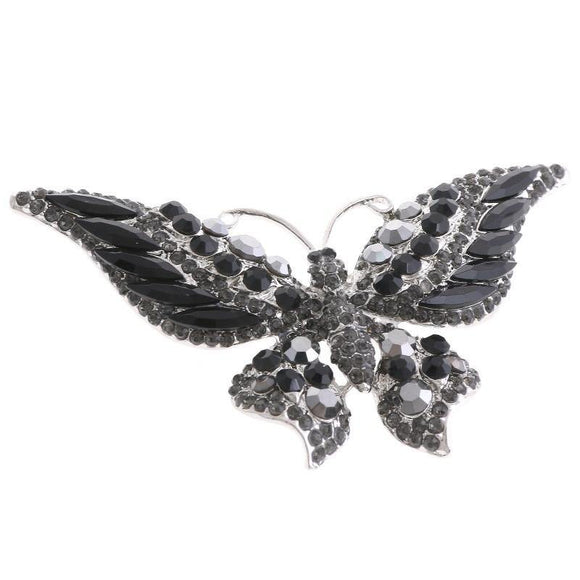 SILVER BUTTERFLY BROOCH WITH BLACK AND HEMATITE STONES ( 06263 HBK ) - Ohmyjewelry.com