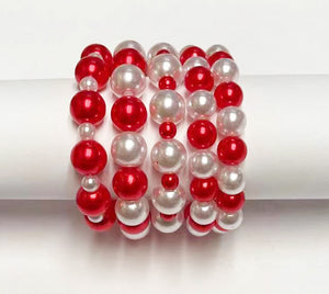 5 LAYER RED WHITE COLOR PEARL STRETCH BRACELET ( 556 RDWT )