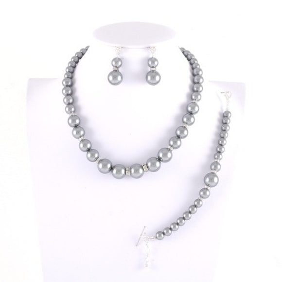 3 Piece Graduating GREY Pearl and Rhinestone Necklace Gold Set with Dangle Earrings ( 13727 )