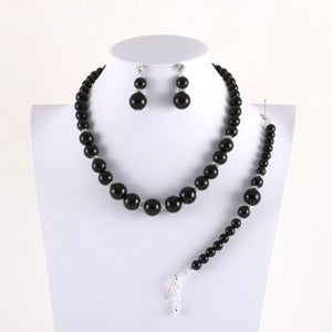 3 Piece Graduating BLACK Pearl and Rhinestone Necklace Gold Set with Dangle Earrings ( 13727 )
