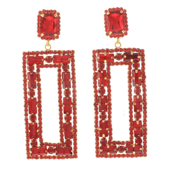 GOLD RECTANGLE EARRINGS RED STONES ( 8386 GRD )