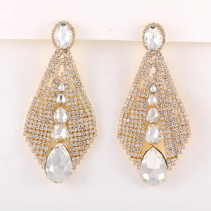 4.5" GOLD Clear Rhinestone Statement Chandelier Evening Earrings ( 2192 GCL PIERCE ) - Ohmyjewelry.com