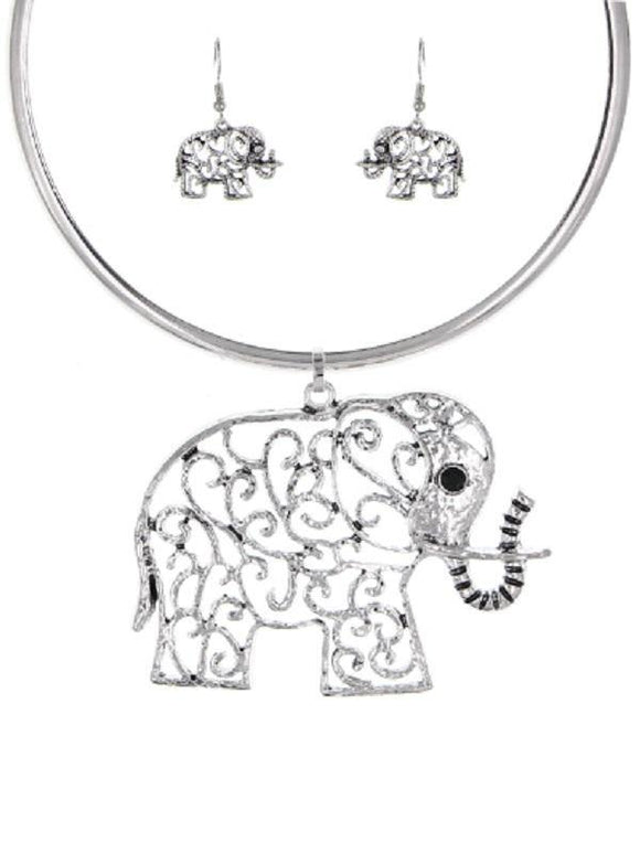 SILVER CHOKER NECKLACE SET ELEPHANT ( 3640 S ) - Ohmyjewelry.com