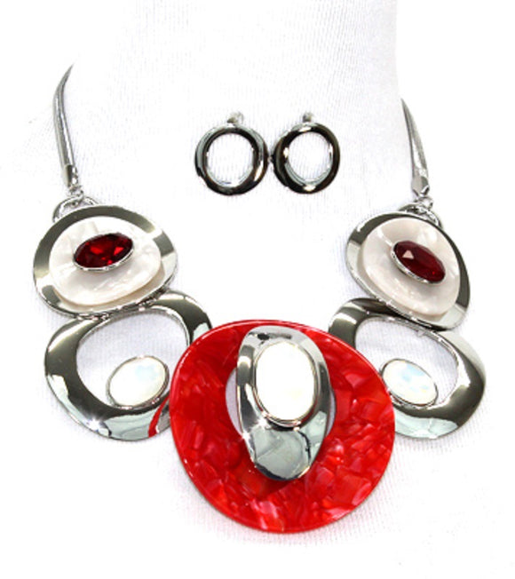 Silver and Red and White Metal and Glass Stone Fashion Statement Necklace with Earrings ( 3323 SRDWH )