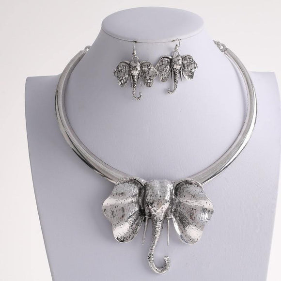 Large Silver Elephant Head Necklace with matching Earrings ( 3852 ) - Ohmyjewelry.com