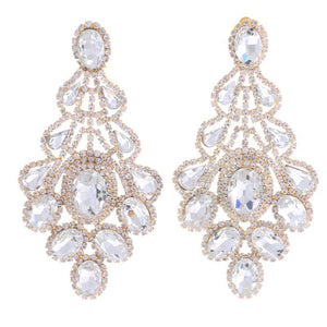 4.25" Gold CLEAR Rhinestone Oversized Chandelier Evening Earrings ( 3021 GCL PIERCE ) - Ohmyjewelry.com