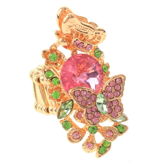 GOLD BUTTERFLY FLOWER STRETCH RING PINK GREEN STONES ( 1253 PKGN )