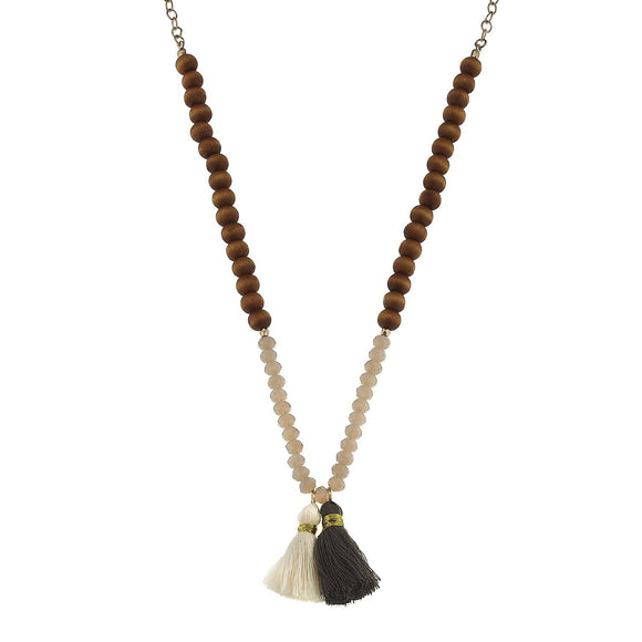 GOLD NECKLACE WITH WOODEN BEADS AND TASSELS ( 0207 )