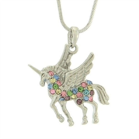 Silver Rhodium Plated MULTI COLOR Crystal PEGASUS Charm Necklace ( 11145 MT )