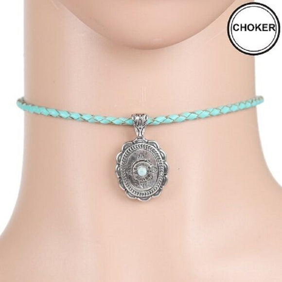 TURQUOISE LEATHER CHOKER WITH SILVER OVAL CHARM ( 0253 )