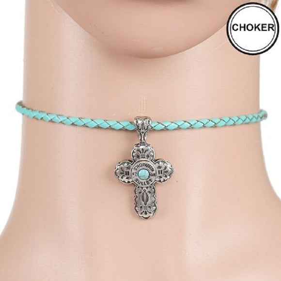 TURQUOISE LEATHER CHOKER WITH SILVER CROSS CHARM ( 0252 )