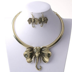 Large Gold Elephant Head Necklace with Trunk Earrings ( 3852 ) - Ohmyjewelry.com