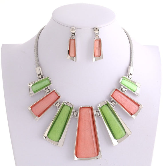 SILVER NECKLACE SET WITH PINK GREEN STONES ( 3034 PG)