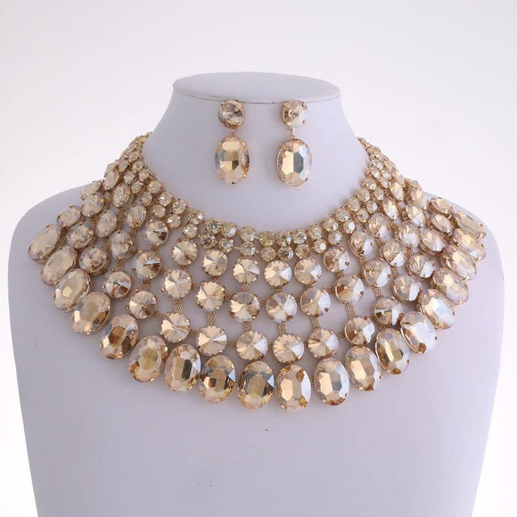 Gold and Large TOPAZ Stone Bib Style Evening Necklace Set ( 2062 LTOP ) - Ohmyjewelry.com