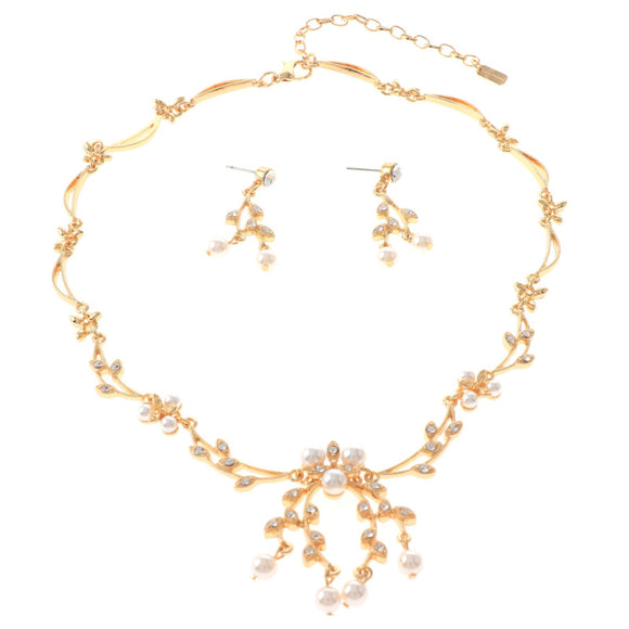 GOLD NECKLACE SET CLEAR STONES CREAM PEARLS