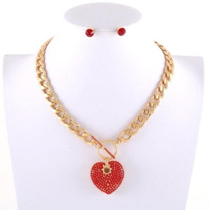 GOLD NECKLACE SET HEART PENDANT RED STONES ( 7075 GDRED ) - Ohmyjewelry.com