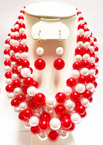 5 STRAND RED WHITE COLOR NECKLACE SET ( 3869 RDWT )